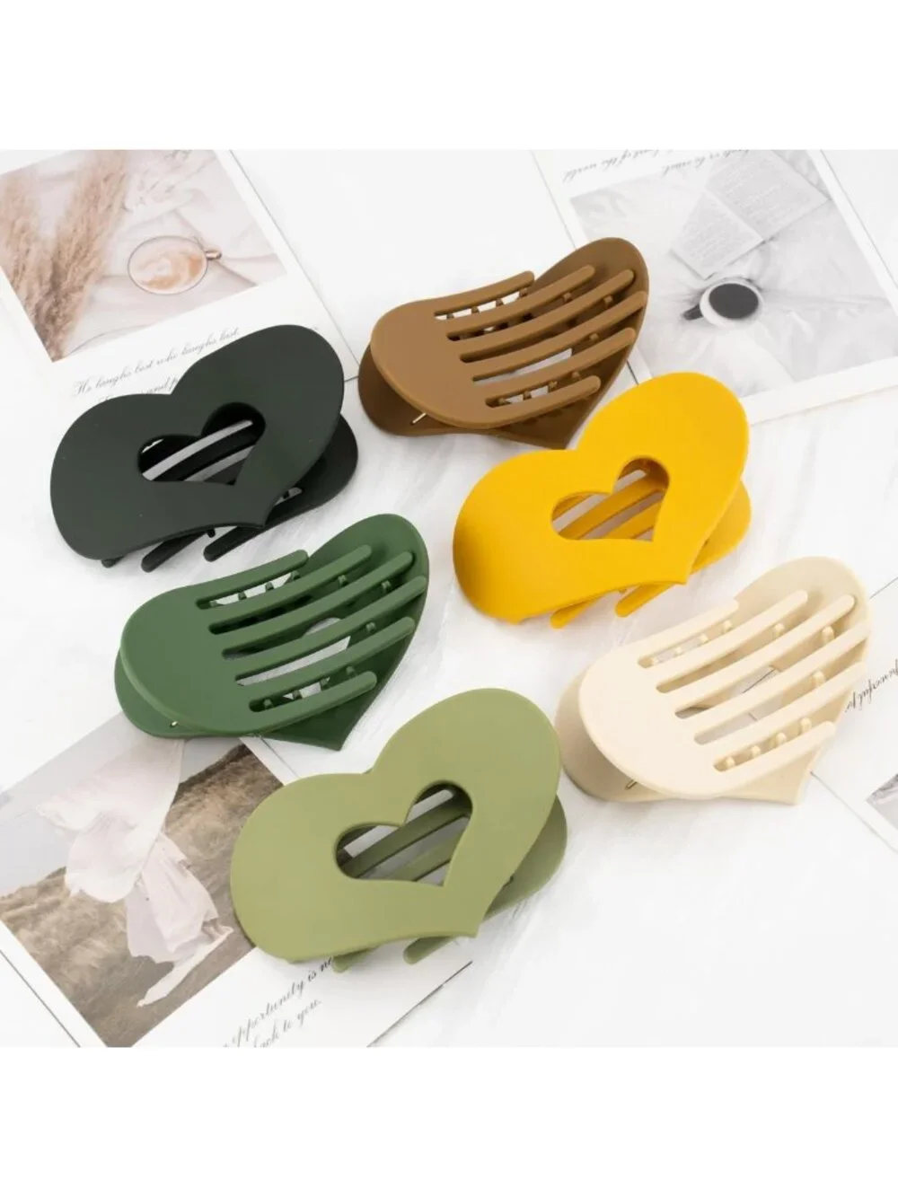 6 Soft Shell Heart Claw Hair Clips - Matte Silicone, Earth Tone & Pastel Colors